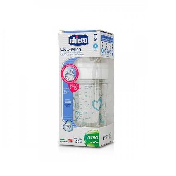 CHICCO BIBERON EN VERRE 150 ML BLEU