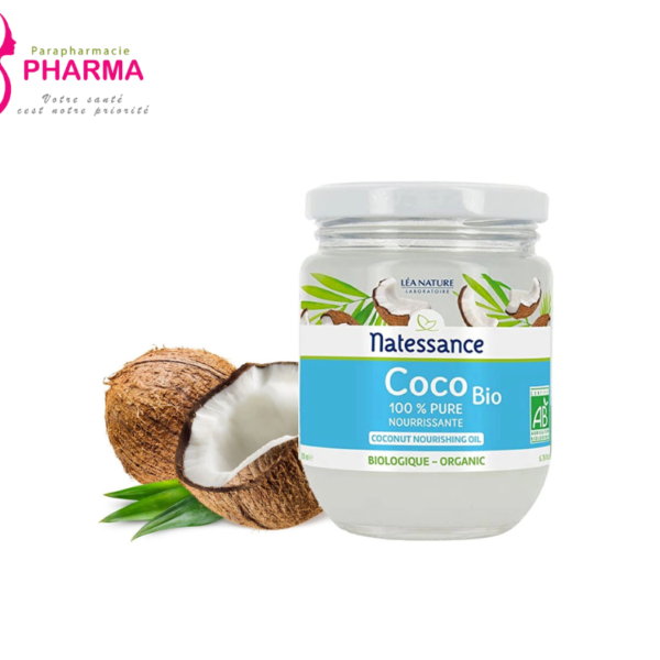 Huile de coco bio Natessance pour peau, cheveux et corps.