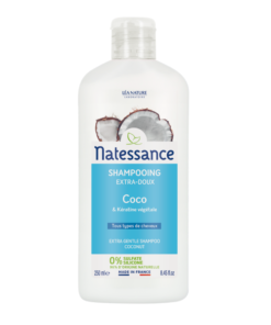 Shampoing Natessance Coco nourrissant pour cheveux secs et ternes.