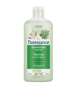 Shampoing Natessance Tea Tree Purifiant pour cheveux gras et cuir chevelu à tendance pelliculaire.