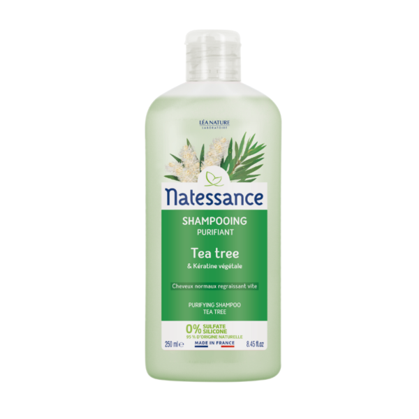 Shampoing Natessance Tea Tree Purifiant pour cheveux gras et cuir chevelu à tendance pelliculaire.