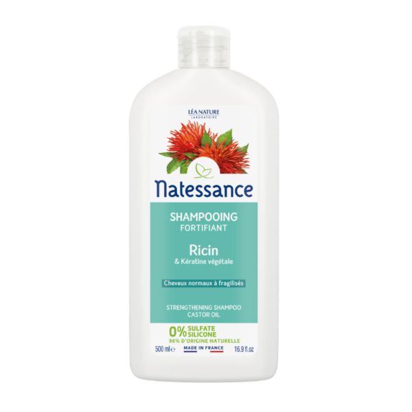 Shampoing Natessance Ricin Kératine 250ml pour cheveux fragilisés et abîmés.