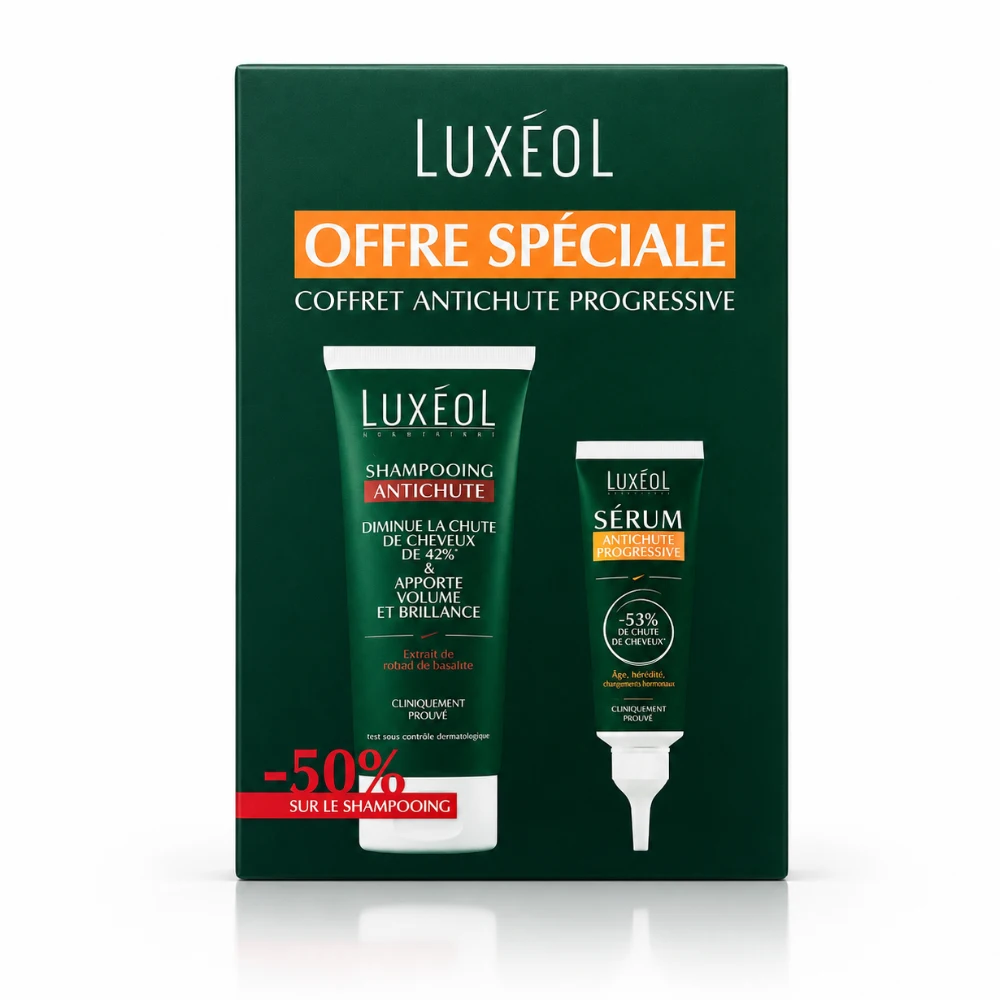 LUXEOL COFFRET ANTI CHUTE PROGRESSIV LUXEOL COFFRET ANTI CHUTE PROGRESSIVE : SHAMPOING ANTI CHUTE 200ML + SERUM ANTI CHUTE PROGRESSIVE 50ML