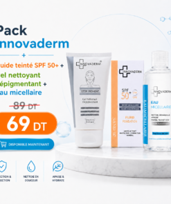 Pack Innovaderm en promotion à 69 DT au lieu de 89 DT avec fluide teinté SPF 50+, gel nettoyant dépigmentant et eau micellaire.