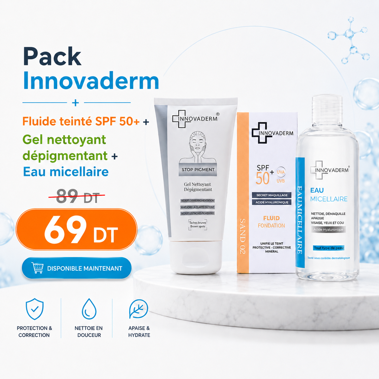 Pack Innovaderm en promotion à 69 DT au lieu de 89 DT avec fluide teinté SPF 50+, gel nettoyant dépigmentant et eau micellaire.