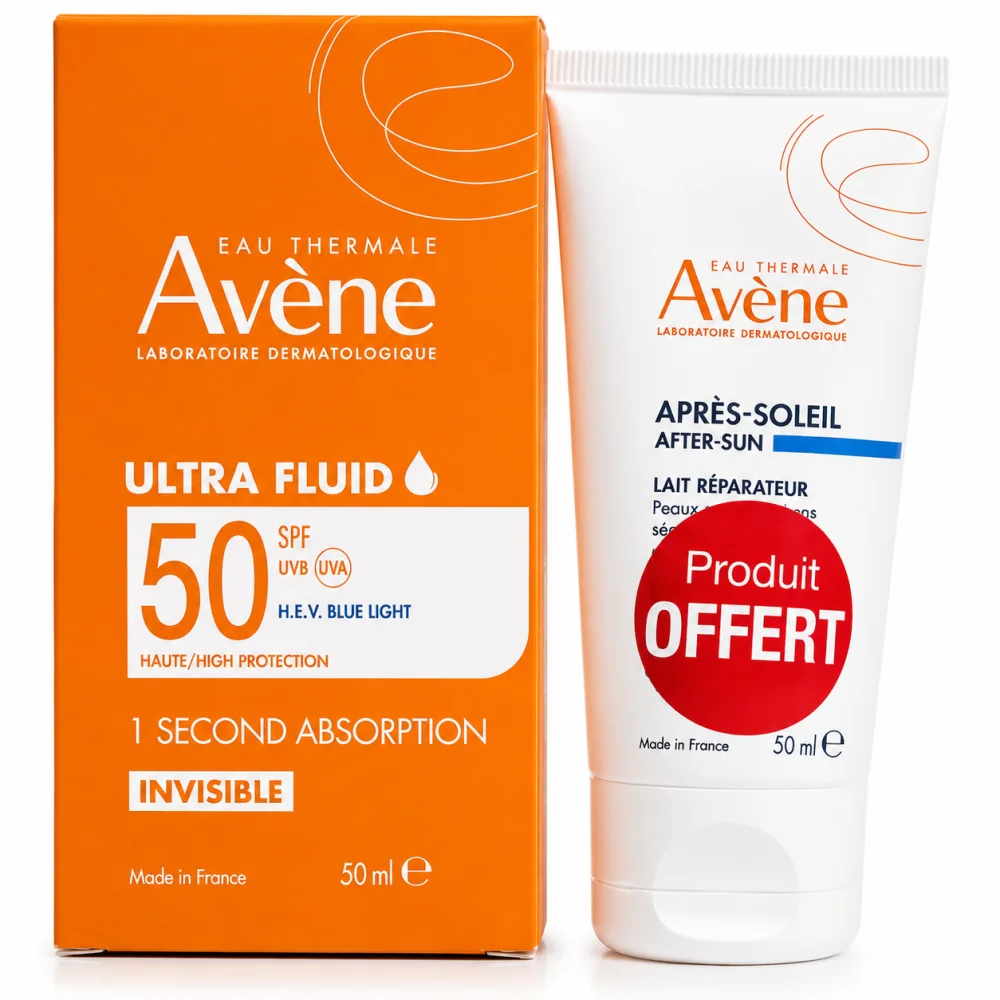 AVÈNE Ultra Fluid Éclat Radiance SPF 50+ 50 ml avec Lait Après-Soleil 50 ml offert. Très haute protection solaire, effet éclat naturel, hydratation et livraison rapide